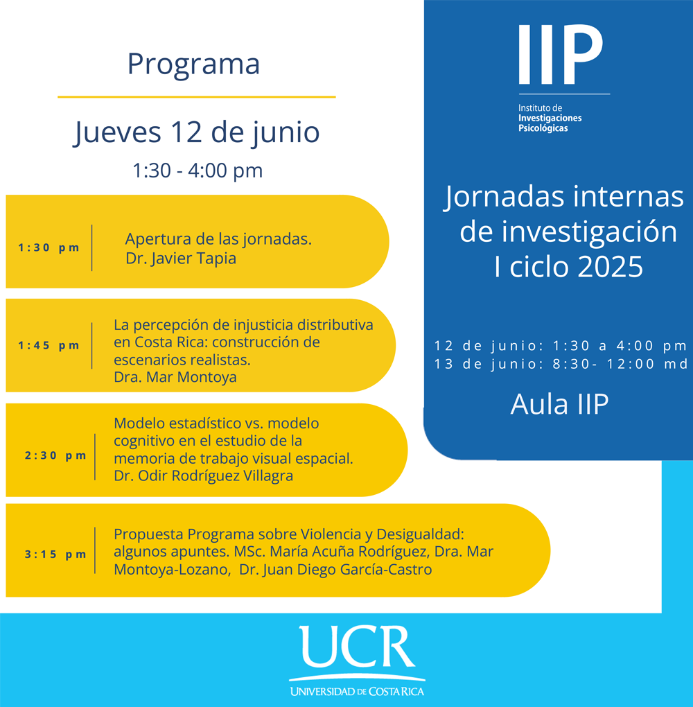 Programa Jornadas internas de investigación. I ciclo 2025.

1:30 pm apertura de las jornadas.
1:45 pm La percepción de la injusticia distributiva en Costa Rica
2:30 pm Modelos estadístico vs modelo cognitivo
3:15 pm Propuesta Programa sobre violencia y desigualdad